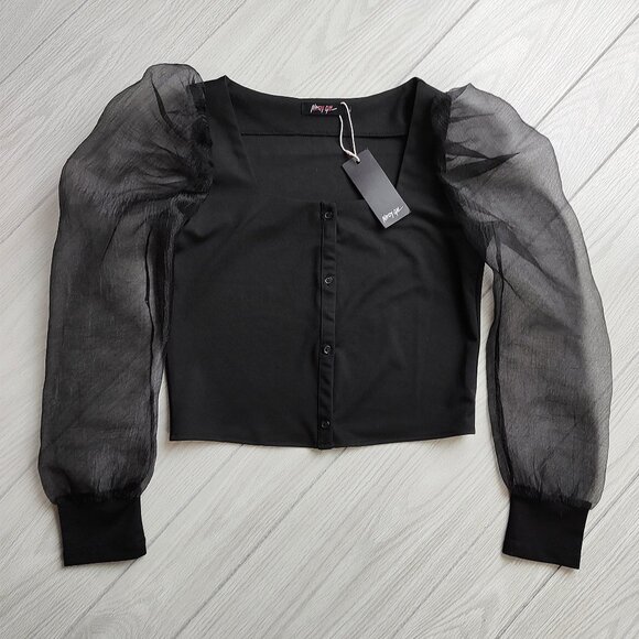 Cropped Organza Puff Sleeve Blouse Black Square Neck Button Front M L Nasty Gal - Picture 5 of 9